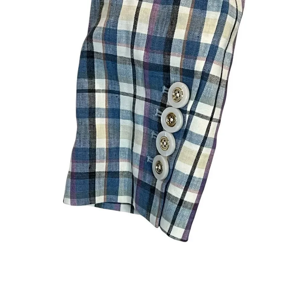 VERONICA BEARD Empire Dickey Jacket blue multi-plaid linen blend Size 0